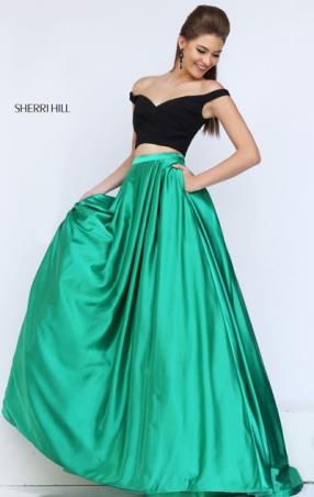 2016 Sherri Hill 50194 Two Piece Black Emerald Off The Shoulder Neckline Long Satin Evening Gown