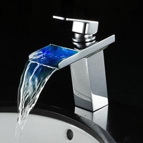 Contemporary Single Handle Waterfall Bathroom Sink Faucet with LED Light--FaucetSuperDeal.com