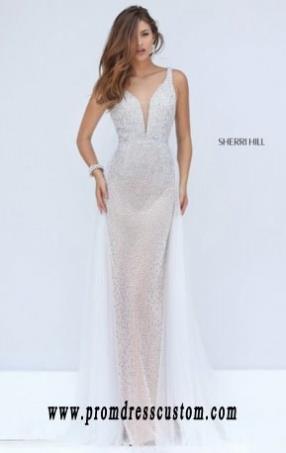 2016 Beaded V-Neck Ivory Bodice Sherri Hill 50188 Long Sheer Slim Prom Dresses