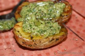 Nothing can beat the taste and charm of Starchy Baked potatoes topped with fresh homemade basil pesto.