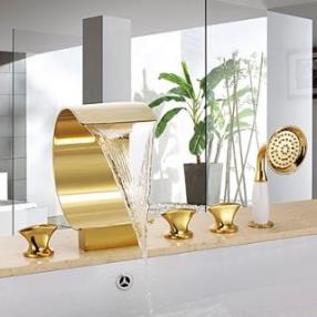Five Holes Three Handles Waterfall Bathtub Faucet with Hand Shower At FaucetsDeal.com