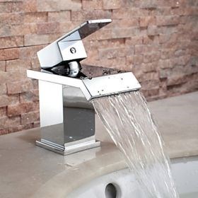 Broad Spout Contemporary Chrome Finish Waterfall Centerset Bathroom Sink Faucet--Faucetsuperseal.com