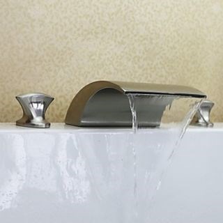 Two Handles Widespread Contemporary Waterfall Brass Nickel Brushed Bathroom Sink Faucet--Faucetsdeal.com