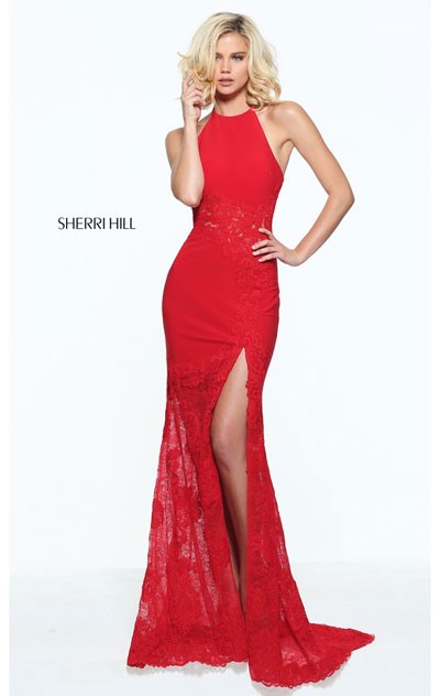 2017 Lace Bodice Halter Neckline Red Open Back Sherri Hill 51019 Slit Long Jersey Prom Dresses