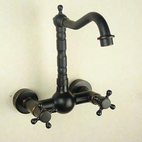 Antique Copper Finish Two Holes Double Handles Wall Mounted Kitchen Faucet--Faucetsdeal.com