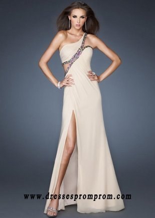 Nude One Shoulder Sequin Cutout Pleated Slit Prom Dresses