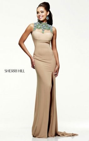 Sherri Hill 21370 Nude With Beads Open Back Slim Slit Long Prom Dress On Sale