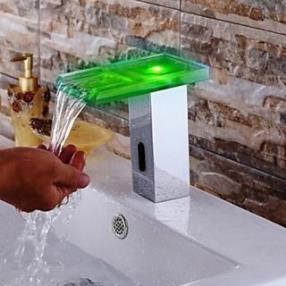 Contemporary Chrome Finish LED Waterfall Bathroom Sink Faucet with Automatic Sensor Faucet--Faucetsdeal.com