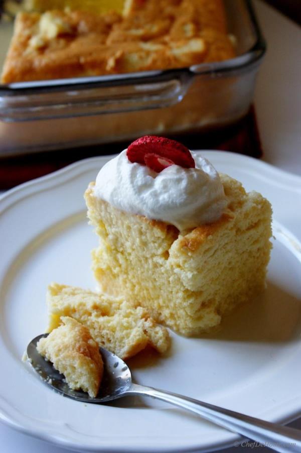 Tres Leche (means three milks) is one of my favorite, super moist sponge cake. It is a semi-sweet sponge cake, soaked in three kinds of milks (sweetened condensed, evaporated milk and heavy cream).