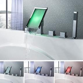 Chrome Finish Contemporary Waterfall Color Changing LED Tub Faucet--FaucetSuperDeal.com