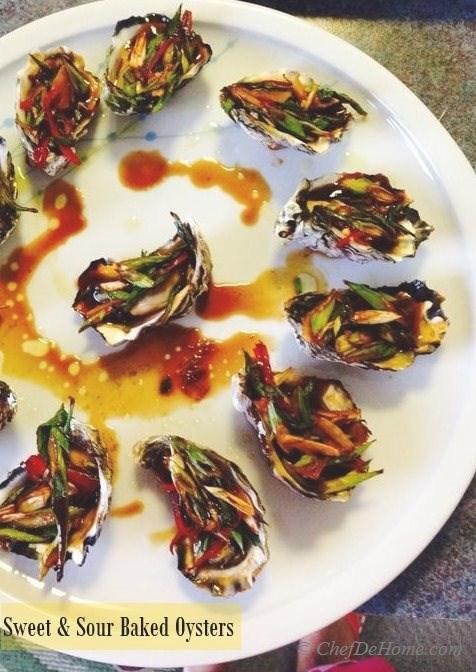 These succulent, sweet and sour oysters will burst in your mouth and will transport you to Asia. I'm hooked the taste of oysters since I tasted'em with this scrumptious, garlicky sauce.