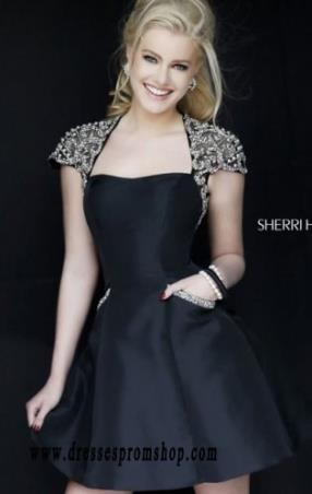 Black Beaded Sherri Hill 32271 Cap-Sleeved Short Bodice Prom Dresses 2015