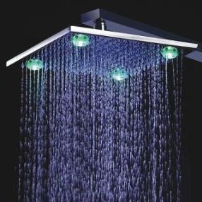 10 Inch Chromed Brass Square Shower Head With 4 LED Lights--FaucetSuperDeal.com