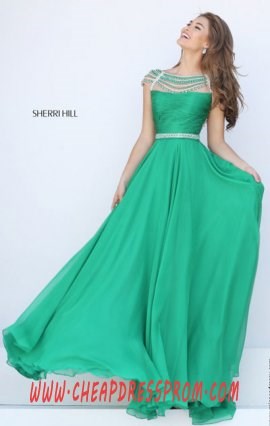 Open-Back Emerald 2016 Sherri Hill 50414 Beads Cap-Sleeves Long Ruched Prom Dresses