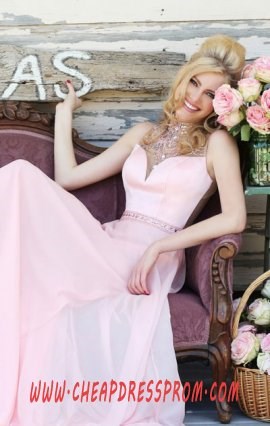 Beading Open-Back Sherri Hill 32144 High-Neck Blush Long Bodice Prom Dresses 2015