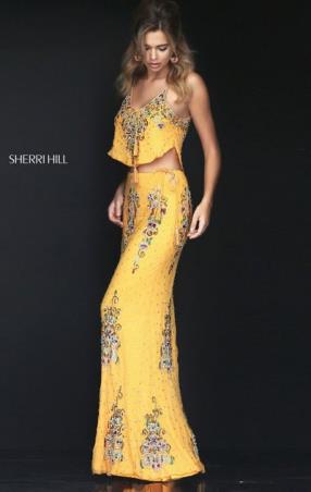 Sherri Hill 50375 Sleeveless Slim Straps 2016 Scoop Neckline Beaded Patterned Yellow Multi Long Prom Dresses
