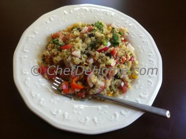 Quinoa is vitamin E rich pseudo - grain. It is actually a seed which is considered a grain in many parts of world. Less in carbohydrates and high in fiber, quinoa is  for light salads and appetizers.