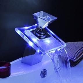 Color Changing LED Waterfall Bathroom Faucets - Glass Handle--Faucetsmall.com