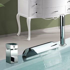 Chrome Finish Waterfall Widespread Two Handles Contemporary Tub Faucet With Handshower--FaucetSuperDeal.com