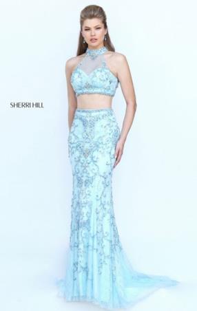 2016 Two Piece Beaded Embellishments Light Blue High Neckline Long Chiffon Evening Dresses