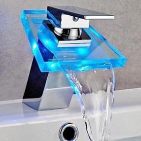 Color Changing LED Bathroom Sink Faucet Waterfall Brass High Grade Faucet (Chrome Finish)--Faucetsmall.com