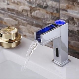 Contemporary Chrome Finish LED Waterfall Automatic Sensor Bathroom Sink Faucet--Faucetsdeal.com