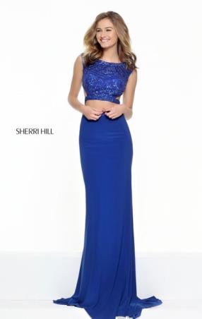 Two Piece Sleeveless Sherri Hill 50805 Royal Scoop Neckline Beaded Patterned Long Jersey Evening Dresses 2017