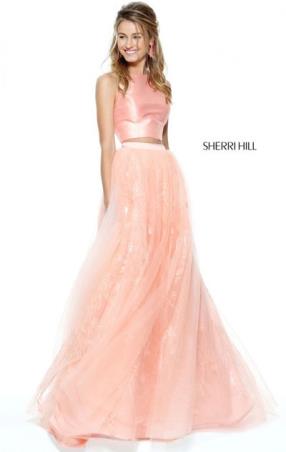 Bateau Neckline Coral Cutout Back Sherri Hill 50787 Lace Applique 2017 Sleeveless Two Piece Long Tulle Prom Dresses