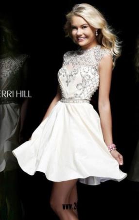 Beaded Sherri Hill 4300 High Round Neck Sheer Cap-Sleeves Homecoming Dresses Online 2016 White