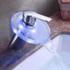 Color Changing LED Single Handle Waterfall Centerset Bathroom Sink Faucet with Glass Spout--Faucetsmall.com