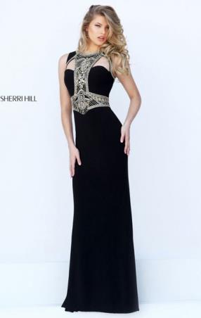 2016 Beaded Patterned Sherri Hill 50165 Sweetheart Neckline Black Cutout Long Evening Dresses