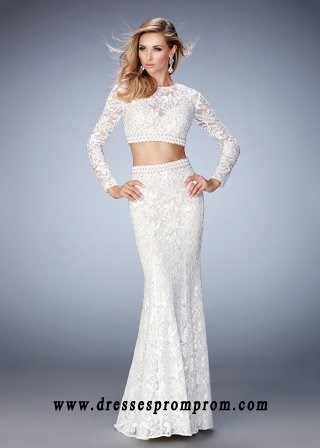 La Femme 22871 Exquisite Long Sleeve Crop Top Lace Prom Gown Sale