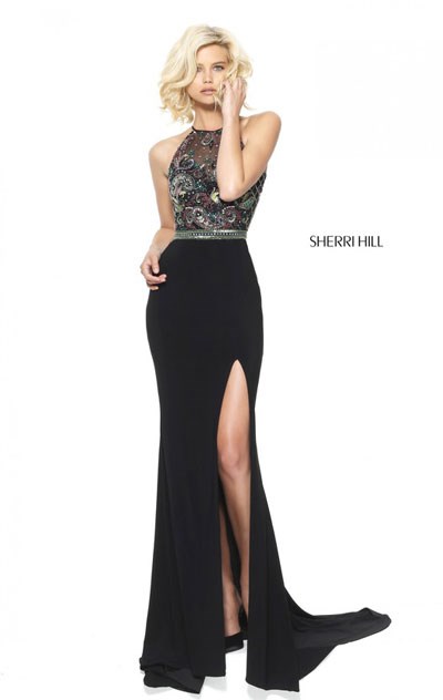 Sherri Hill 50959 Sleeveless Black Multi 2017 Beaded Patterned High Neckline Slit Long Jersey Prom Dresses