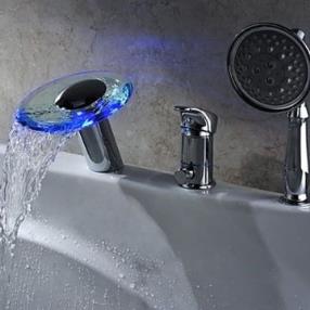 LED Waterfall Hydroelectric PowerTwo Handles Glass Tub Faucet With Hand Shower--Faucetsmall.com