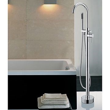Contemporary Chrome Finish Floor Standing Tub Faucet with Hand Shower--Faucetsmall.com