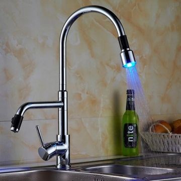 Deck Mounted Chrome Finish Contemporary Single Handle LED Pull-out Kitchen Faucet--Faucetsmall.com