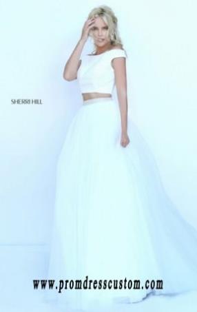 Two-Piece Ivory Cap-Sleeves Bateu-Neck 2016 Sherri Hill 50315 Long Bodice Prom Dresses