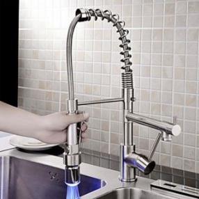 Nickel Brushed Finish LED Pull-out spout Kitchen Faucet with Single Handle At FaucetsDeal.com