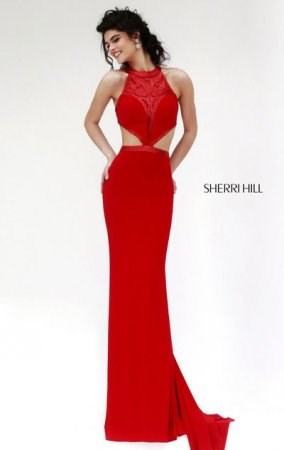 Sherri Hill 11124 Red Cutout Beaded Slim Long Prom Dress Affordable
