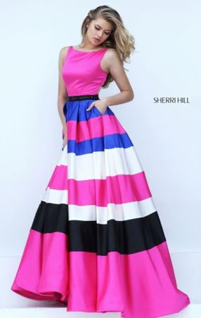 2016 Sherri Hill 50332 Boat Neckline Sleeveless Fuchsia Cutout Long Stripes Prom Dresses