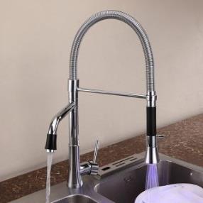One Hole Single Handle Pullout Spray Deck Mounted Kitchen Faucet with Color Changing LED Light At FaucetsDeal.com