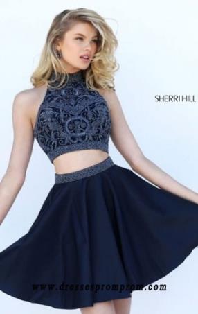 Sherri Hill 50524 Two Piece Beaded Bodice Halter Neckline Navy A Line Short Taffeta Homecoming Dresses 2016