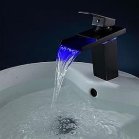 Contemporary LED Waterfall Brass Oil-rubbed Bronze Bathroom Sink Faucet--faucetsdeal.com