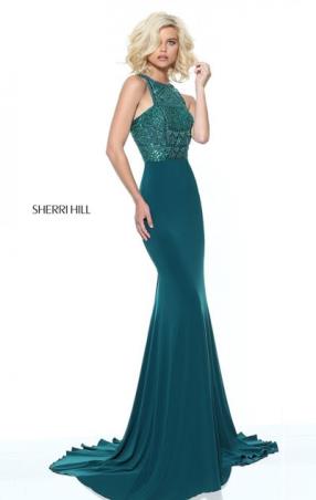 2017 Sleeveless Sherri Hill 50806 High Neckline Beaded Embellishments Emerald Long Jersey Prom Dresses