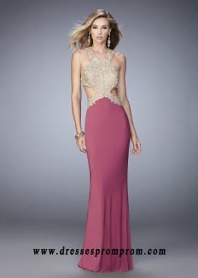 La Femme 22325 Chic Gold Lace Side Cut Out Perfect Prom Dress Online