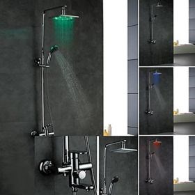 Wall Mount Color Changing LED Chrome Finish Contemporary Brass Shower Faucets--Faucetsuperseal.com