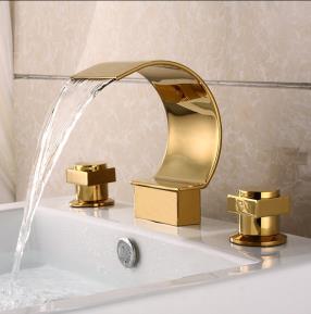 Gold Plated Brass three sets of bathroom sink waterfall faucet  At FaucetsDeal.com