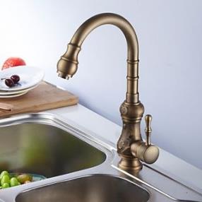 Retro Antique Brass Finish One Hole Single Handle Deck Mounted Kitchen Faucet At FaucetsDeal.com