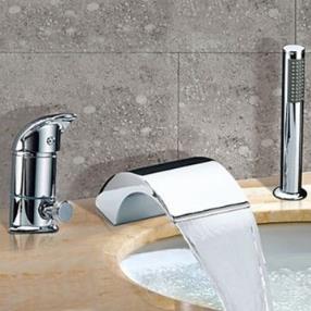 Chrome Finish Contemporary Two Handles Waterfall Widespread Tub Faucet With Handshower--Faucetsmall.com