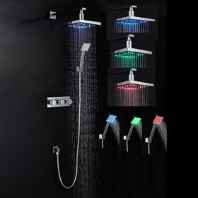 Chrome Finish Modern LED Wall Mount Shower Set  with Showerhead and Hand Shower --FaucetSuperDeal.com